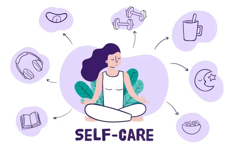 A woman is sitting in a lotus position, surrounded by self-care items that promote a well-balanced lifestyle and overall well-being.