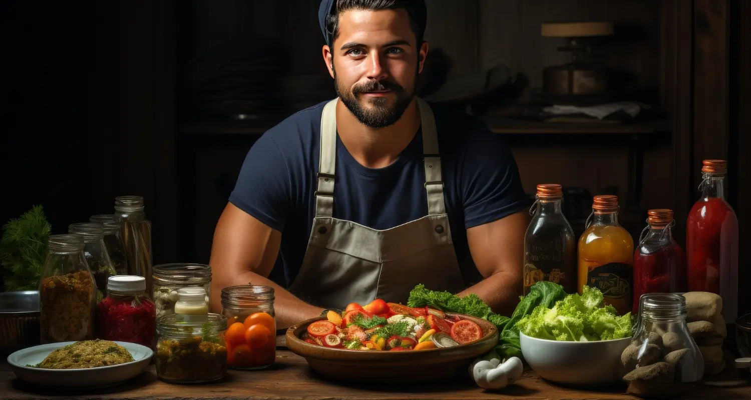 Chef with fresh, athlete-friendly ingredients on a table preparing to cook high-protein recipes.